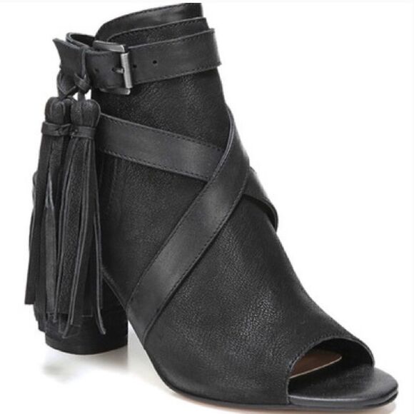 Sam Edelman Vermont Black Leather Peep Toe Cross Strap Tassel Ankle Boot - Picture 1 of 16